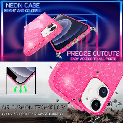 NALIA Handykette mit Neon Glitzerhülle für iPhone 12 Mini – Durchsichtig & Funkelnd – HANGIT SPARK (Transparentes Silikon Case zum Umhängen) – Marke aus Berlin
