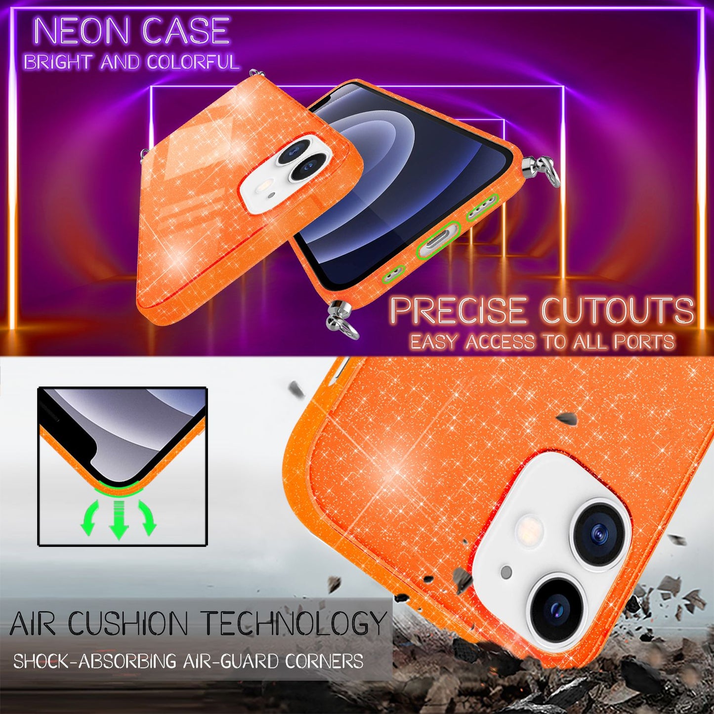 NALIA Handykette mit Neon Glitzerhülle für iPhone 12 Mini – Durchsichtig & Funkelnd – HANGIT SPARK (Transparentes Silikon Case zum Umhängen) – Marke aus Berlin