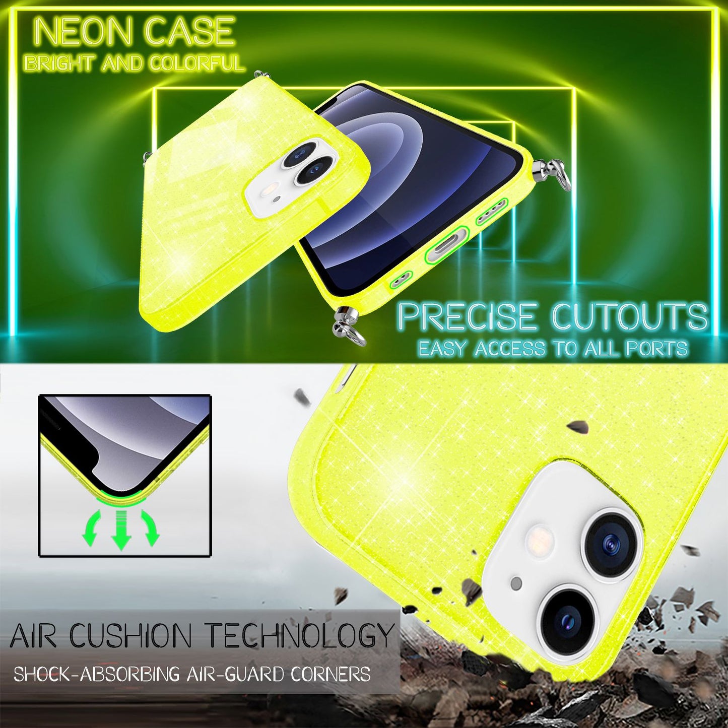 NALIA Handykette mit Neon Glitzerhülle für iPhone 12 Mini – Durchsichtig & Funkelnd – HANGIT SPARK (Transparentes Silikon Case zum Umhängen) – Marke aus Berlin
