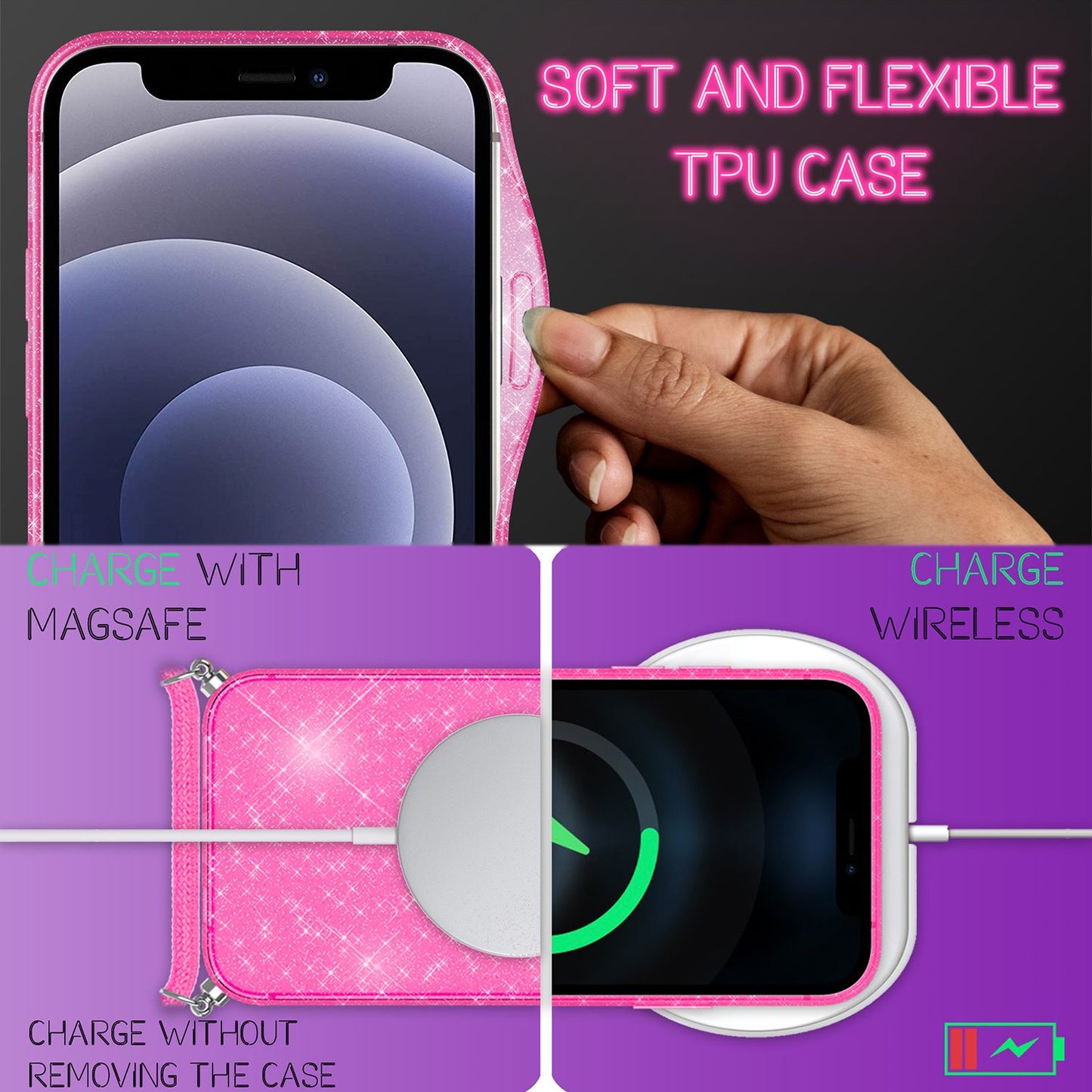 NALIA Handykette mit Neon Glitzerhülle für iPhone 12 Mini – Durchsichtig & Funkelnd – HANGIT SPARK (Transparentes Silikon Case zum Umhängen) – Marke aus Berlin