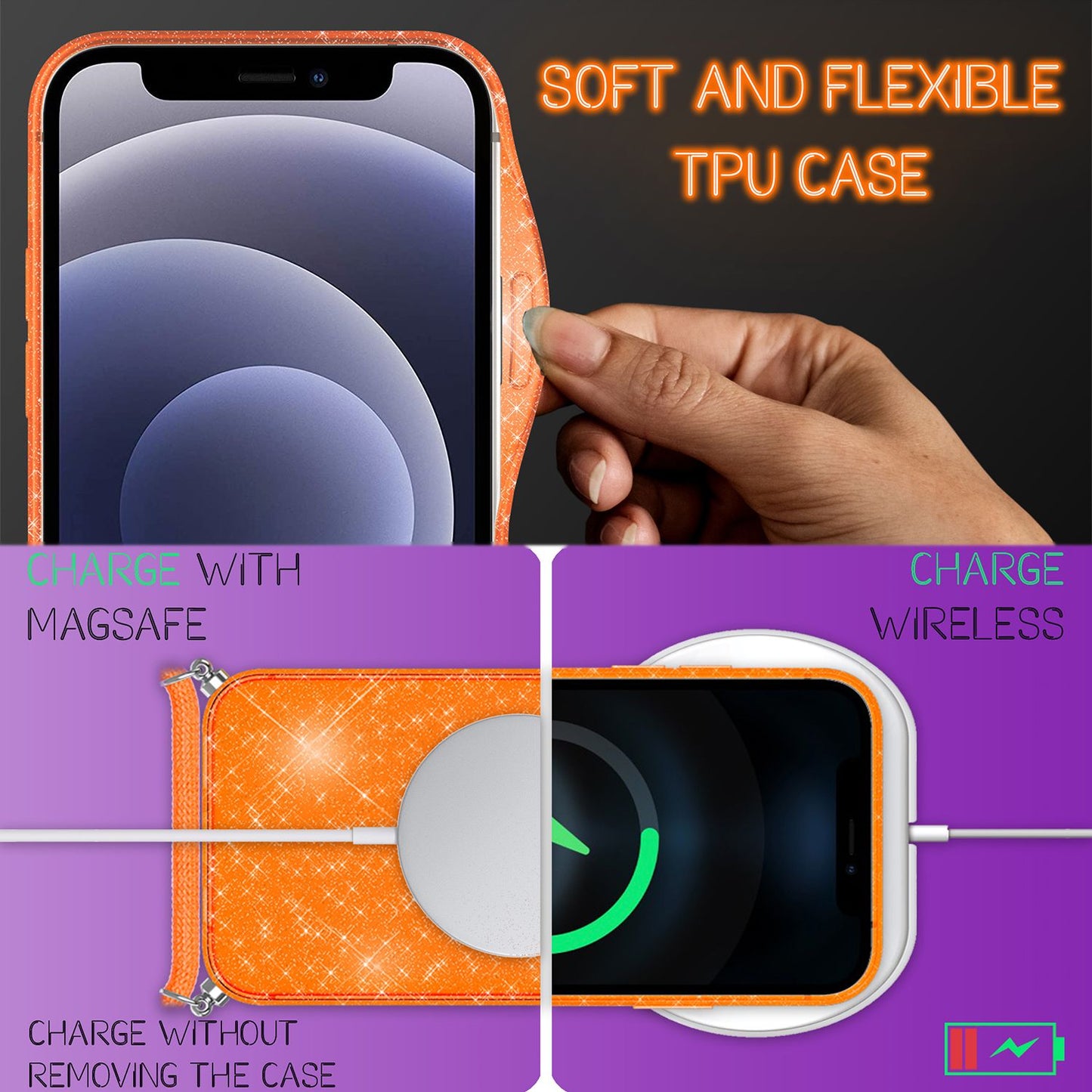 NALIA Handykette mit Neon Glitzerhülle für iPhone 12 Mini – Durchsichtig & Funkelnd – HANGIT SPARK (Transparentes Silikon Case zum Umhängen) – Marke aus Berlin