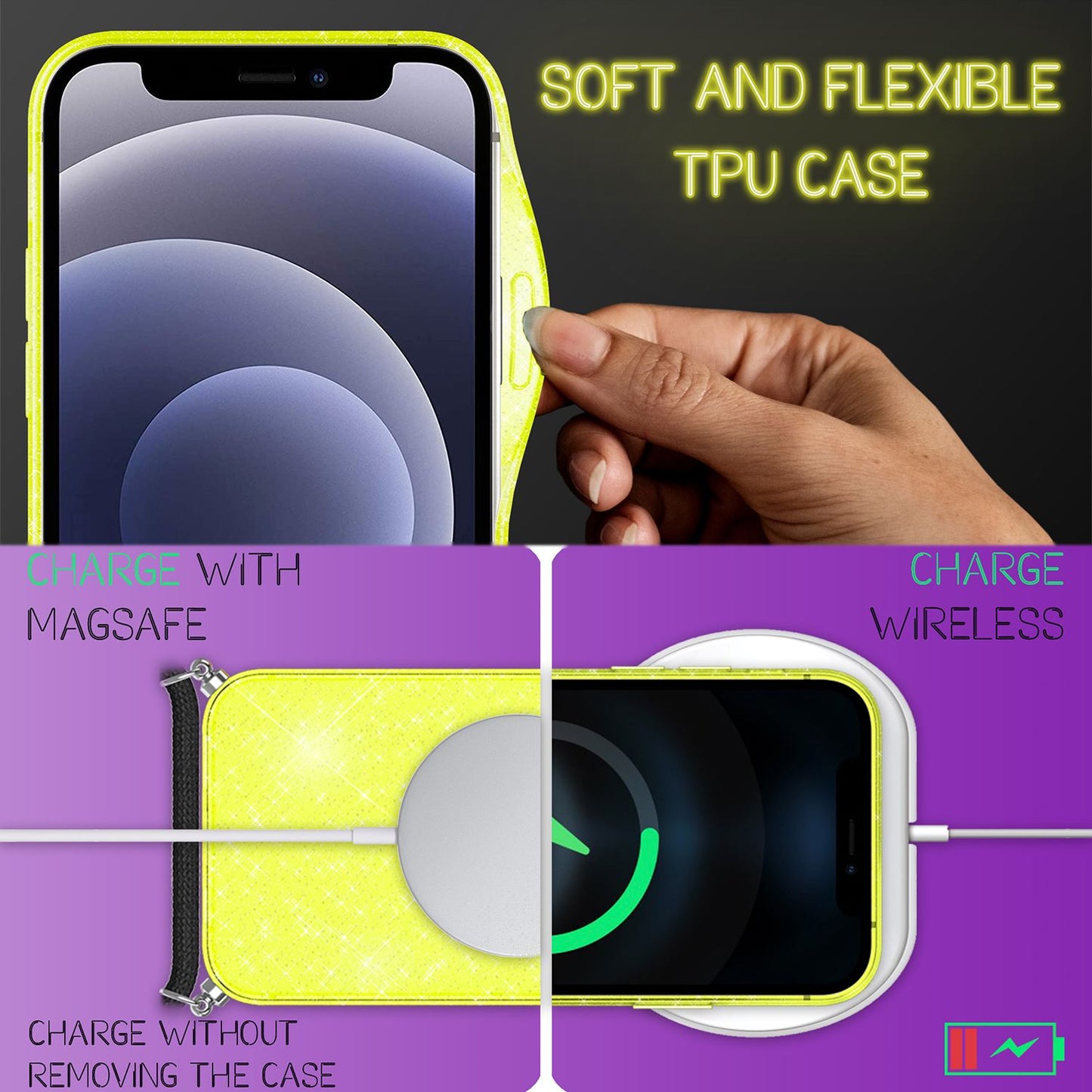 NALIA Handykette mit Neon Glitzerhülle für iPhone 12 Mini – Durchsichtig & Funkelnd – HANGIT SPARK (Transparentes Silikon Case zum Umhängen) – Marke aus Berlin