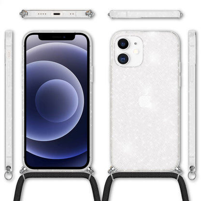 NALIA Handykette mit Neon Glitzerhülle für iPhone 12 Mini – Durchsichtig & Funkelnd – HANGIT SPARK (Transparentes Silikon Case zum Umhängen) – Marke aus Berlin