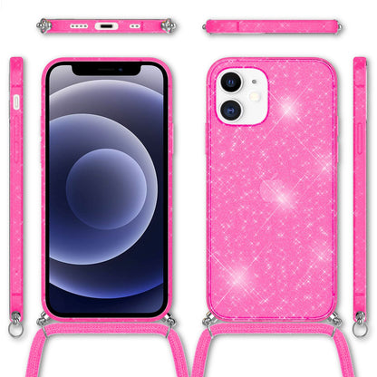 NALIA Handykette mit Neon Glitzerhülle für iPhone 12 Mini – Durchsichtig & Funkelnd – HANGIT SPARK (Transparentes Silikon Case zum Umhängen) – Marke aus Berlin