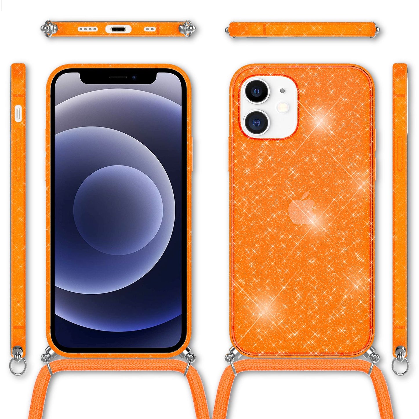NALIA Handykette mit Neon Glitzerhülle für iPhone 12 Mini – Durchsichtig & Funkelnd – HANGIT SPARK (Transparentes Silikon Case zum Umhängen) – Marke aus Berlin