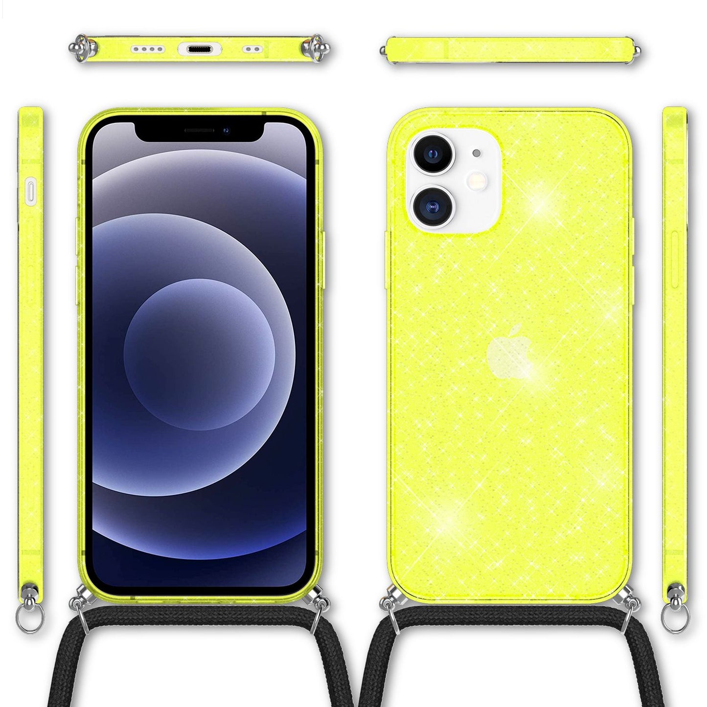 NALIA Handykette mit Neon Glitzerhülle für iPhone 12 Mini – Durchsichtig & Funkelnd – HANGIT SPARK (Transparentes Silikon Case zum Umhängen) – Marke aus Berlin
