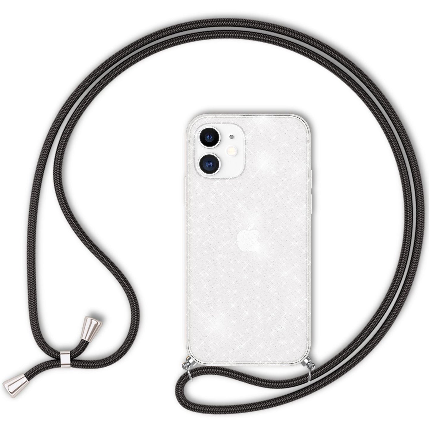 NALIA Handykette mit Neon Glitzerhülle für iPhone 12 / 12 Pro – Durchsichtig & Funkelnd – HANGIT SPARK (Transparentes Silikon Case zum Umhängen) – Marke aus Berlin
