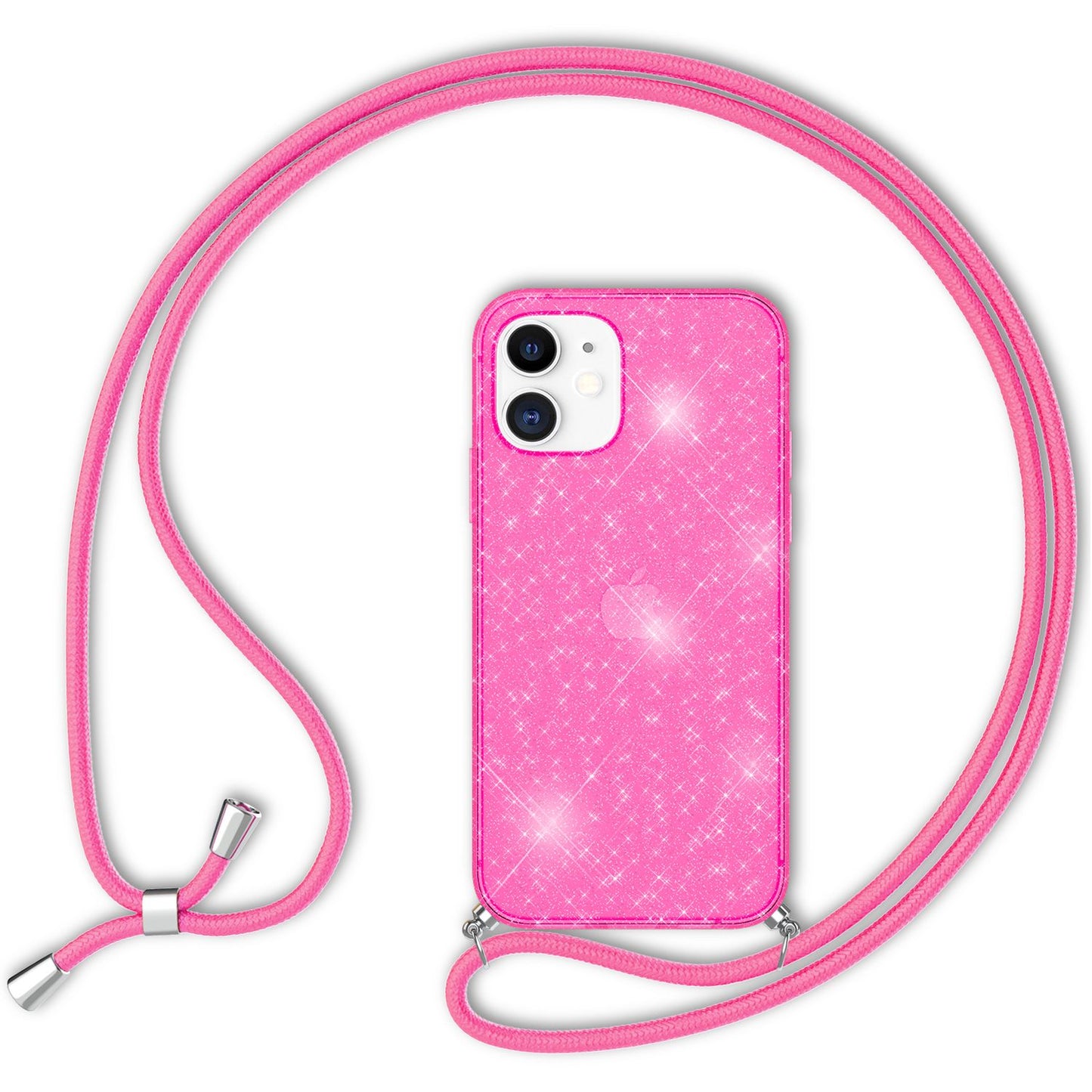 NALIA Handykette mit Neon Glitzerhülle für iPhone 12 / 12 Pro – Durchsichtig & Funkelnd – HANGIT SPARK (Transparentes Silikon Case zum Umhängen) – Marke aus Berlin