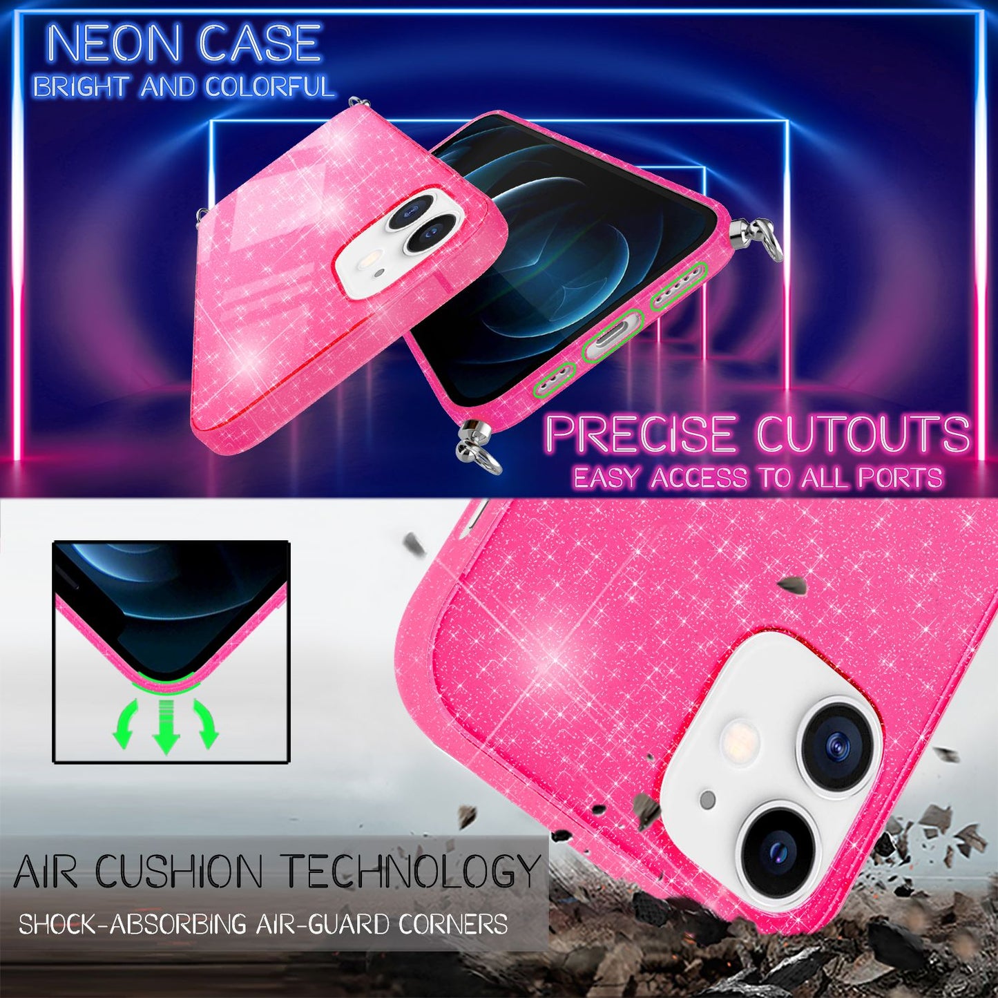 NALIA Handykette mit Neon Glitzerhülle für iPhone 12 / 12 Pro – Durchsichtig & Funkelnd – HANGIT SPARK (Transparentes Silikon Case zum Umhängen) – Marke aus Berlin