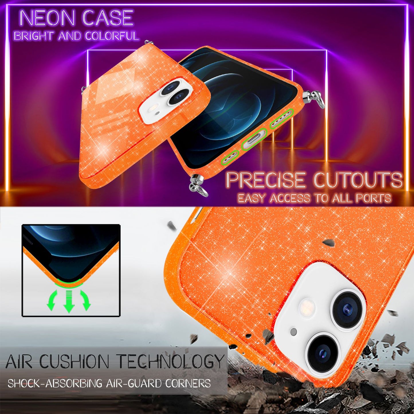 NALIA Handykette mit Neon Glitzerhülle für iPhone 12 / 12 Pro – Durchsichtig & Funkelnd – HANGIT SPARK (Transparentes Silikon Case zum Umhängen) – Marke aus Berlin