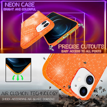 NALIA Handykette mit Neon Glitzerhülle für iPhone 12 / 12 Pro – Durchsichtig & Funkelnd – HANGIT SPARK (Transparentes Silikon Case zum Umhängen) – Marke aus Berlin