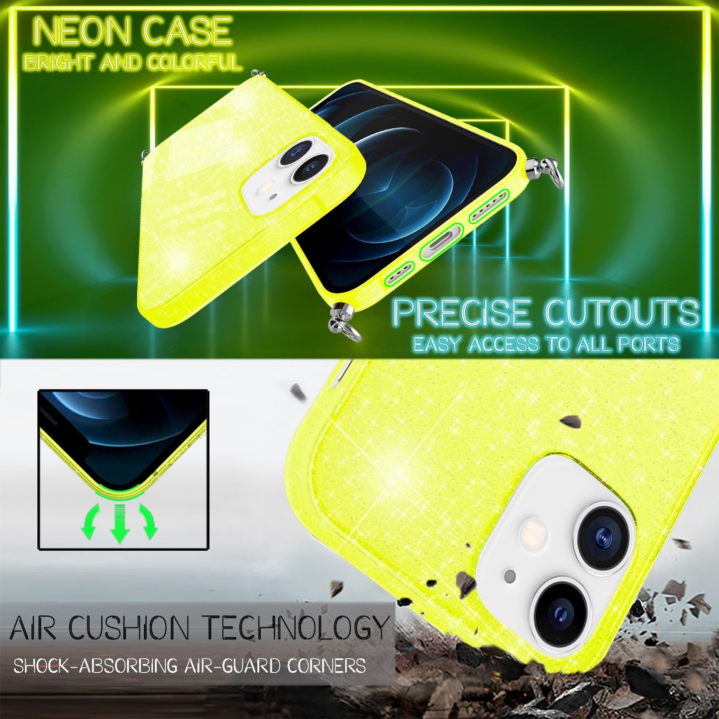 NALIA Handykette mit Neon Glitzerhülle für iPhone 12 / 12 Pro – Durchsichtig & Funkelnd – HANGIT SPARK (Transparentes Silikon Case zum Umhängen) – Marke aus Berlin