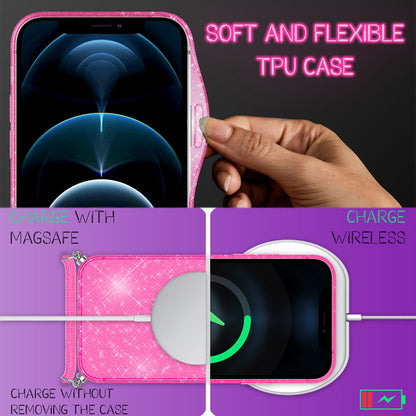 NALIA Handykette mit Neon Glitzerhülle für iPhone 12 / 12 Pro – Durchsichtig & Funkelnd – HANGIT SPARK (Transparentes Silikon Case zum Umhängen) – Marke aus Berlin