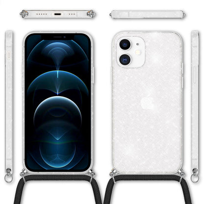 NALIA Handykette mit Neon Glitzerhülle für iPhone 12 / 12 Pro – Durchsichtig & Funkelnd – HANGIT SPARK (Transparentes Silikon Case zum Umhängen) – Marke aus Berlin