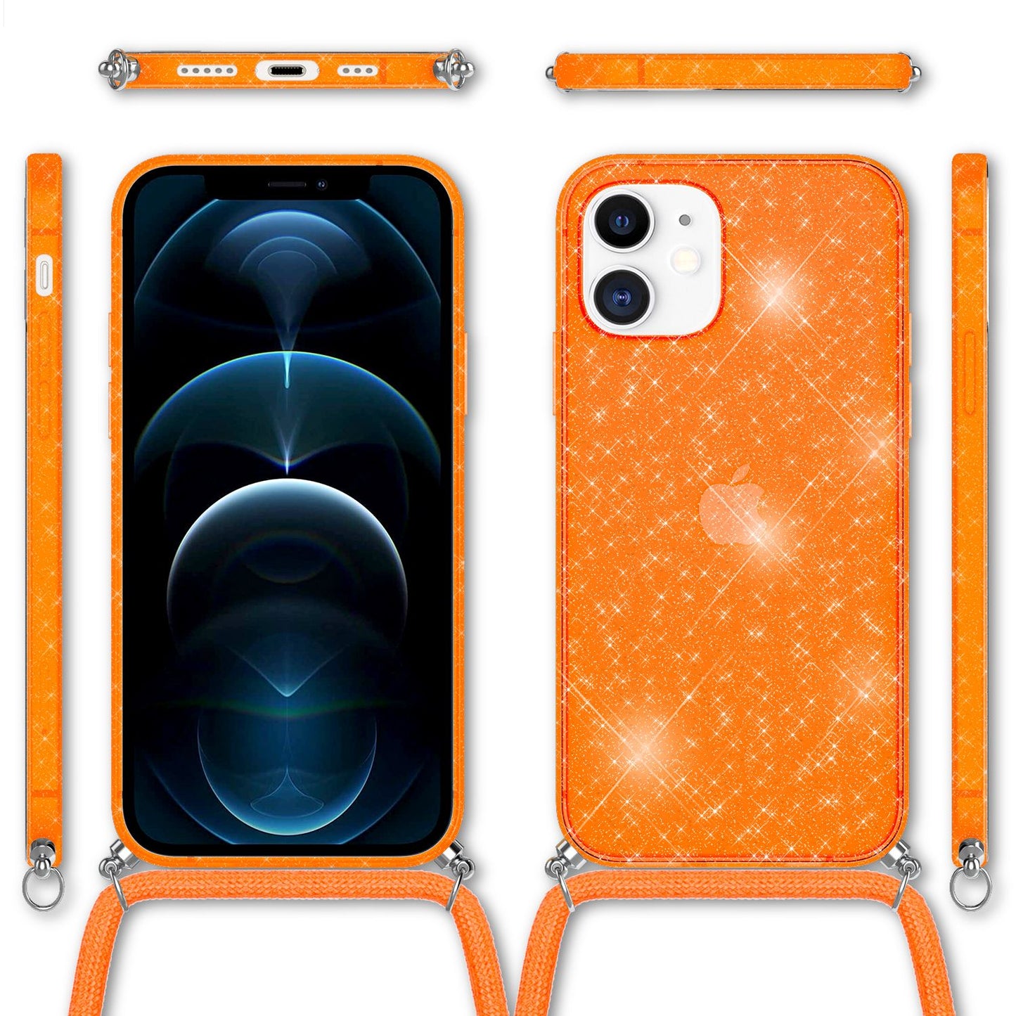 NALIA Handykette mit Neon Glitzerhülle für iPhone 12 / 12 Pro – Durchsichtig & Funkelnd – HANGIT SPARK (Transparentes Silikon Case zum Umhängen) – Marke aus Berlin