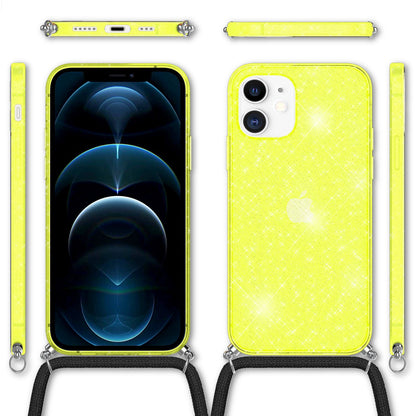 NALIA Handykette mit Neon Glitzerhülle für iPhone 12 / 12 Pro – Durchsichtig & Funkelnd – HANGIT SPARK (Transparentes Silikon Case zum Umhängen) – Marke aus Berlin