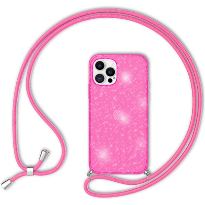 NALIA Handykette mit Neon Glitzerhülle für iPhone 12 Pro Max – Durchsichtig & Funkelnd – HANGIT SPARK (Transparentes Silikon Case zum Umhängen) – Marke aus Berlin