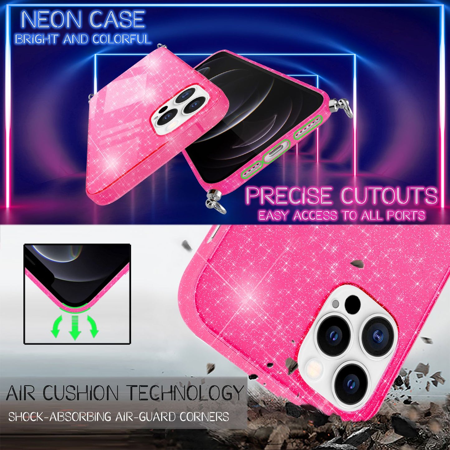 NALIA Handykette mit Neon Glitzerhülle für iPhone 12 Pro Max – Durchsichtig & Funkelnd – HANGIT SPARK (Transparentes Silikon Case zum Umhängen) – Marke aus Berlin