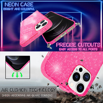 NALIA Handykette mit Neon Glitzerhülle für iPhone 12 Pro Max – Durchsichtig & Funkelnd – HANGIT SPARK (Transparentes Silikon Case zum Umhängen) – Marke aus Berlin