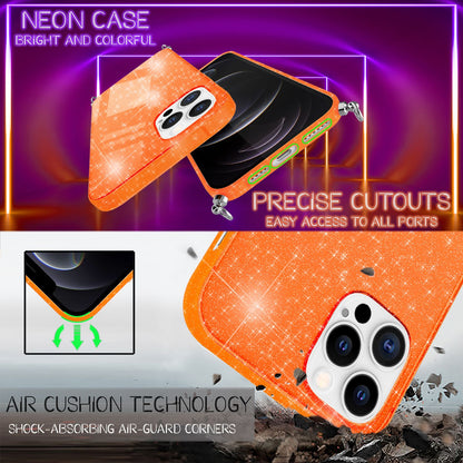 NALIA Handykette mit Neon Glitzerhülle für iPhone 12 Pro Max – Durchsichtig & Funkelnd – HANGIT SPARK (Transparentes Silikon Case zum Umhängen) – Marke aus Berlin