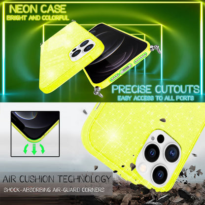 NALIA Handykette mit Neon Glitzerhülle für iPhone 12 Pro Max – Durchsichtig & Funkelnd – HANGIT SPARK (Transparentes Silikon Case zum Umhängen) – Marke aus Berlin