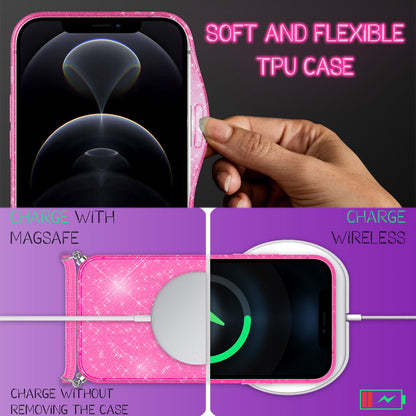 NALIA Handykette mit Neon Glitzerhülle für iPhone 12 Pro Max – Durchsichtig & Funkelnd – HANGIT SPARK (Transparentes Silikon Case zum Umhängen) – Marke aus Berlin
