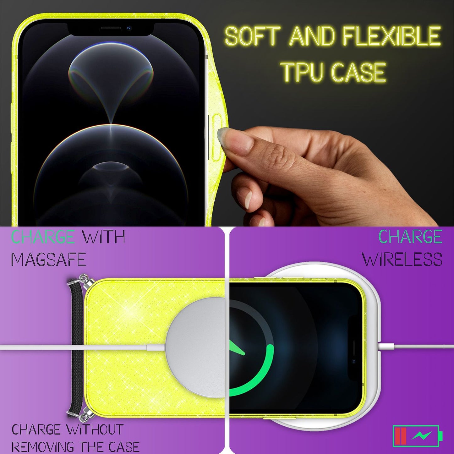 NALIA Handykette mit Neon Glitzerhülle für iPhone 12 Pro Max – Durchsichtig & Funkelnd – HANGIT SPARK (Transparentes Silikon Case zum Umhängen) – Marke aus Berlin