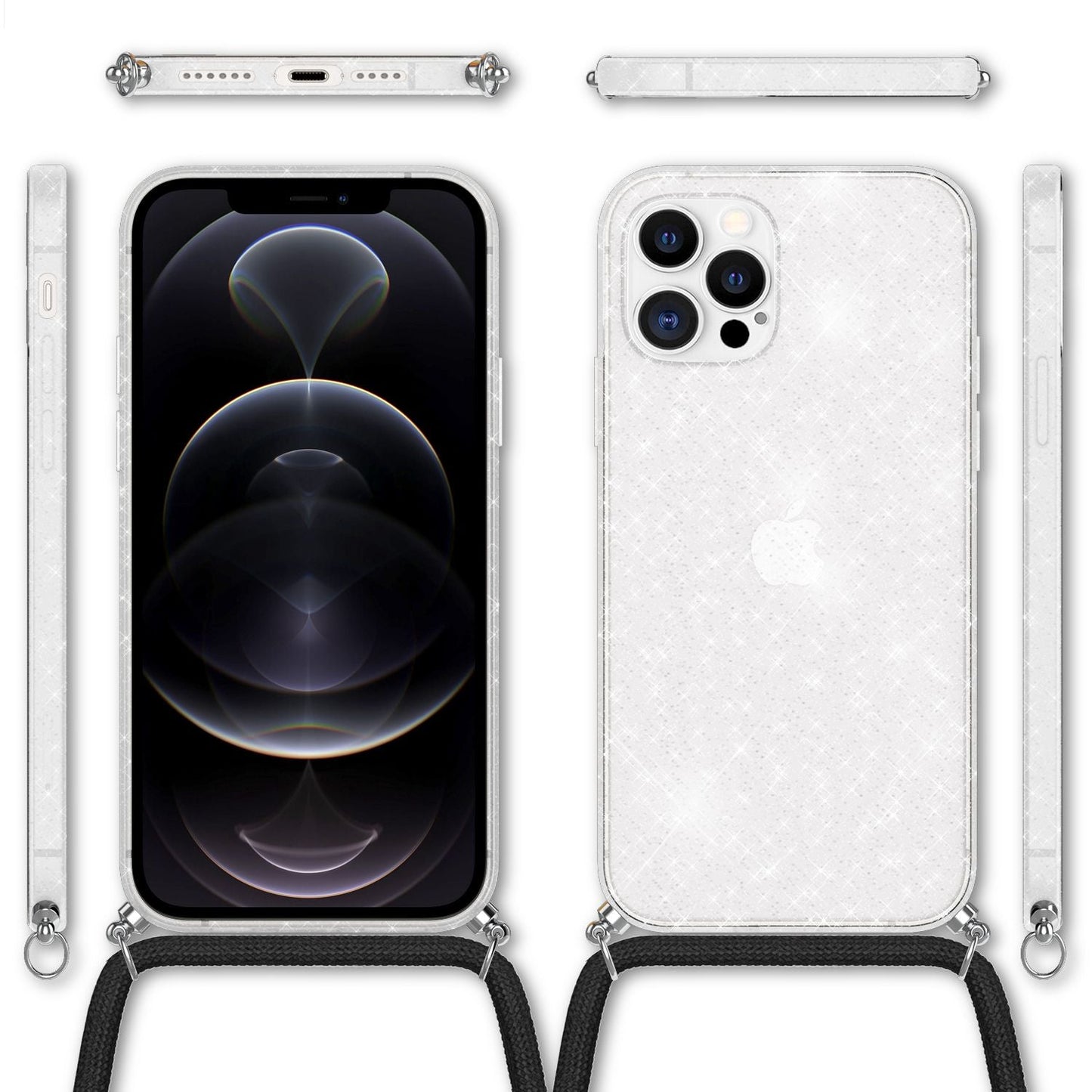 NALIA Handykette mit Neon Glitzerhülle für iPhone 12 Pro Max – Durchsichtig & Funkelnd – HANGIT SPARK (Transparentes Silikon Case zum Umhängen) – Marke aus Berlin