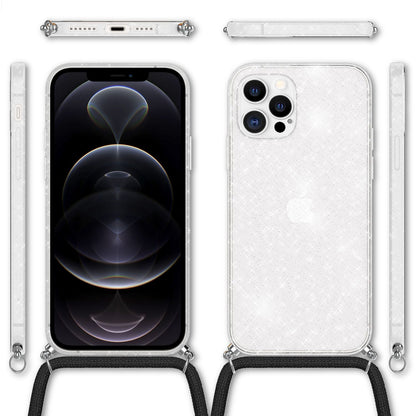 NALIA Handykette mit Neon Glitzerhülle für iPhone 12 Pro Max – Durchsichtig & Funkelnd – HANGIT SPARK (Transparentes Silikon Case zum Umhängen) – Marke aus Berlin