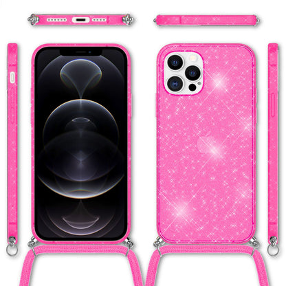 NALIA Handykette mit Neon Glitzerhülle für iPhone 12 Pro Max – Durchsichtig & Funkelnd – HANGIT SPARK (Transparentes Silikon Case zum Umhängen) – Marke aus Berlin