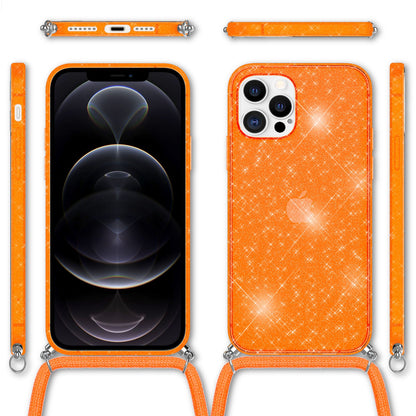 NALIA Handykette mit Neon Glitzerhülle für iPhone 12 Pro Max – Durchsichtig & Funkelnd – HANGIT SPARK (Transparentes Silikon Case zum Umhängen) – Marke aus Berlin