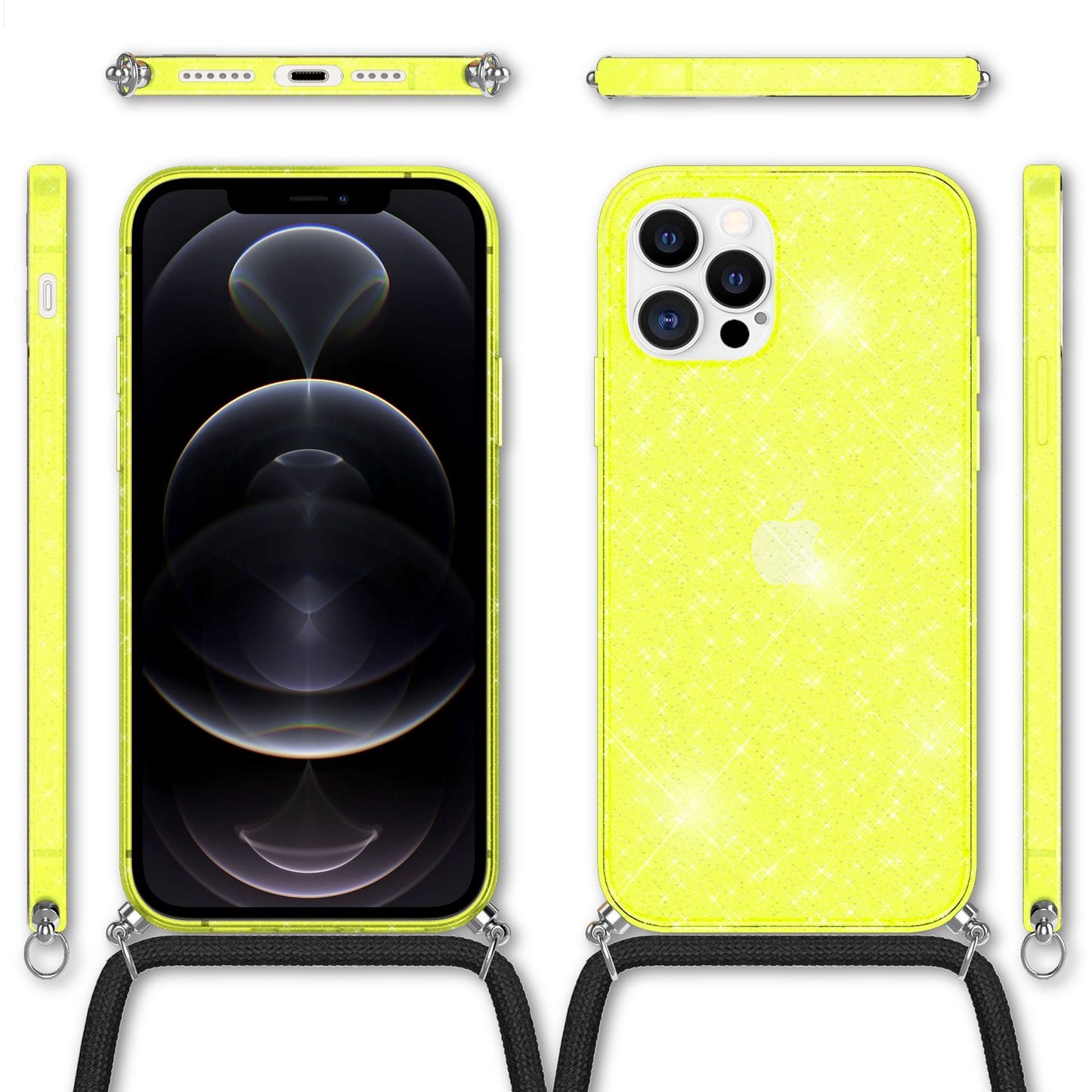 NALIA Handykette mit Neon Glitzerhülle für iPhone 12 Pro Max – Durchsichtig & Funkelnd – HANGIT SPARK (Transparentes Silikon Case zum Umhängen) – Marke aus Berlin