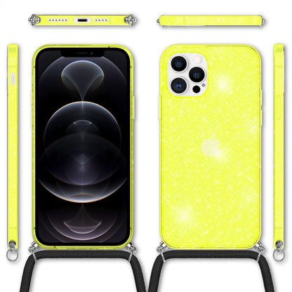 NALIA Handykette mit Neon Glitzerhülle für iPhone 12 Pro Max – Durchsichtig & Funkelnd – HANGIT SPARK (Transparentes Silikon Case zum Umhängen) – Marke aus Berlin
