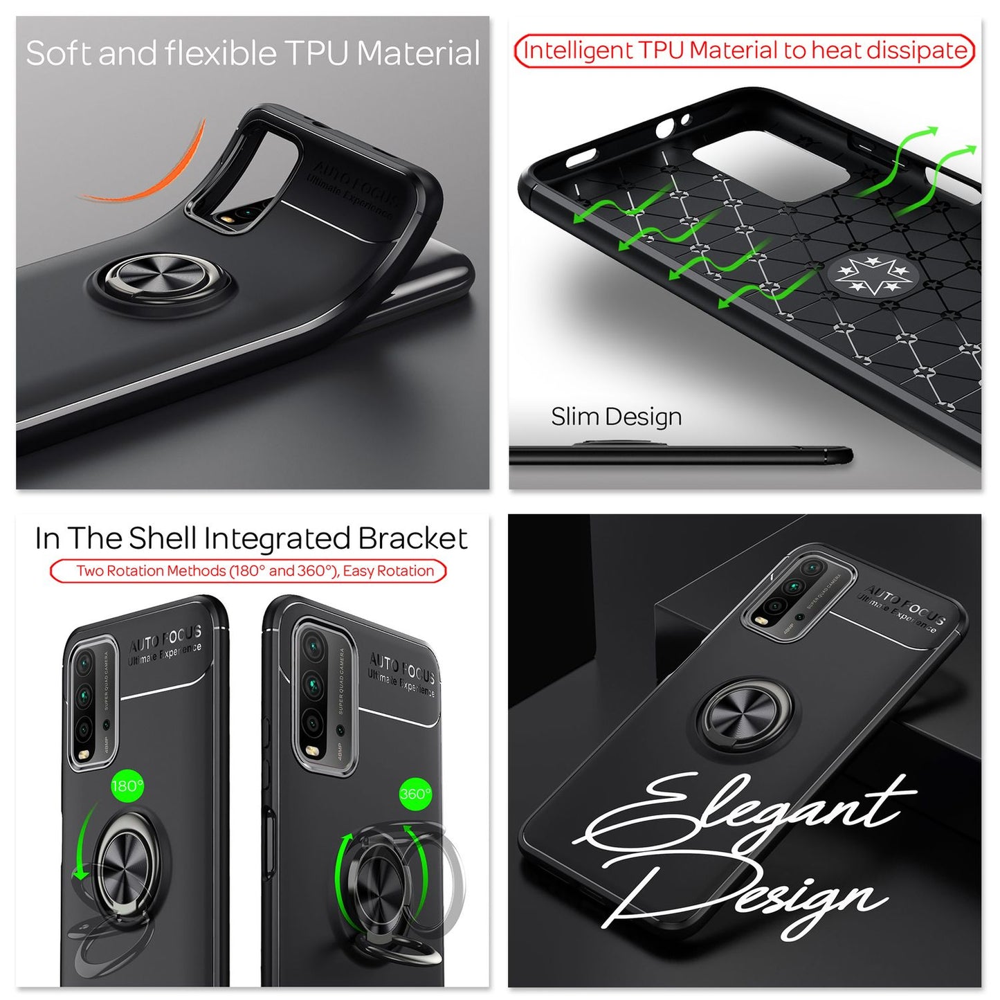 NALIA Ringhülle für Xiaomi Redmi 9T – Ring-Ständer 360° & für Magnet-Halter – GRIP360 (Mattiertes Silikon Case) – Marke aus Berlin