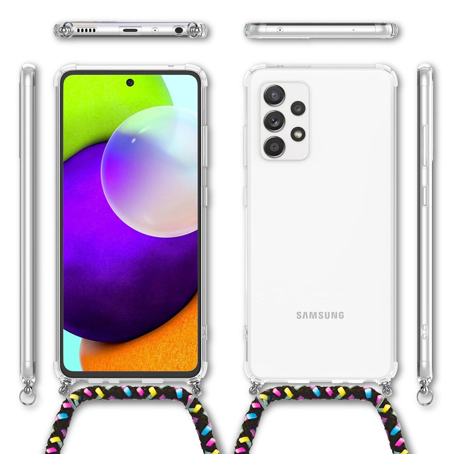 NALIA Handykette für Samsung Galaxy A52 / A52 5G / A52s 5G – Transparentes Hybrid-Case & Band – HANGIT (Anti-Gelb Rückseite & Verstellbar) – Marke aus Berlin