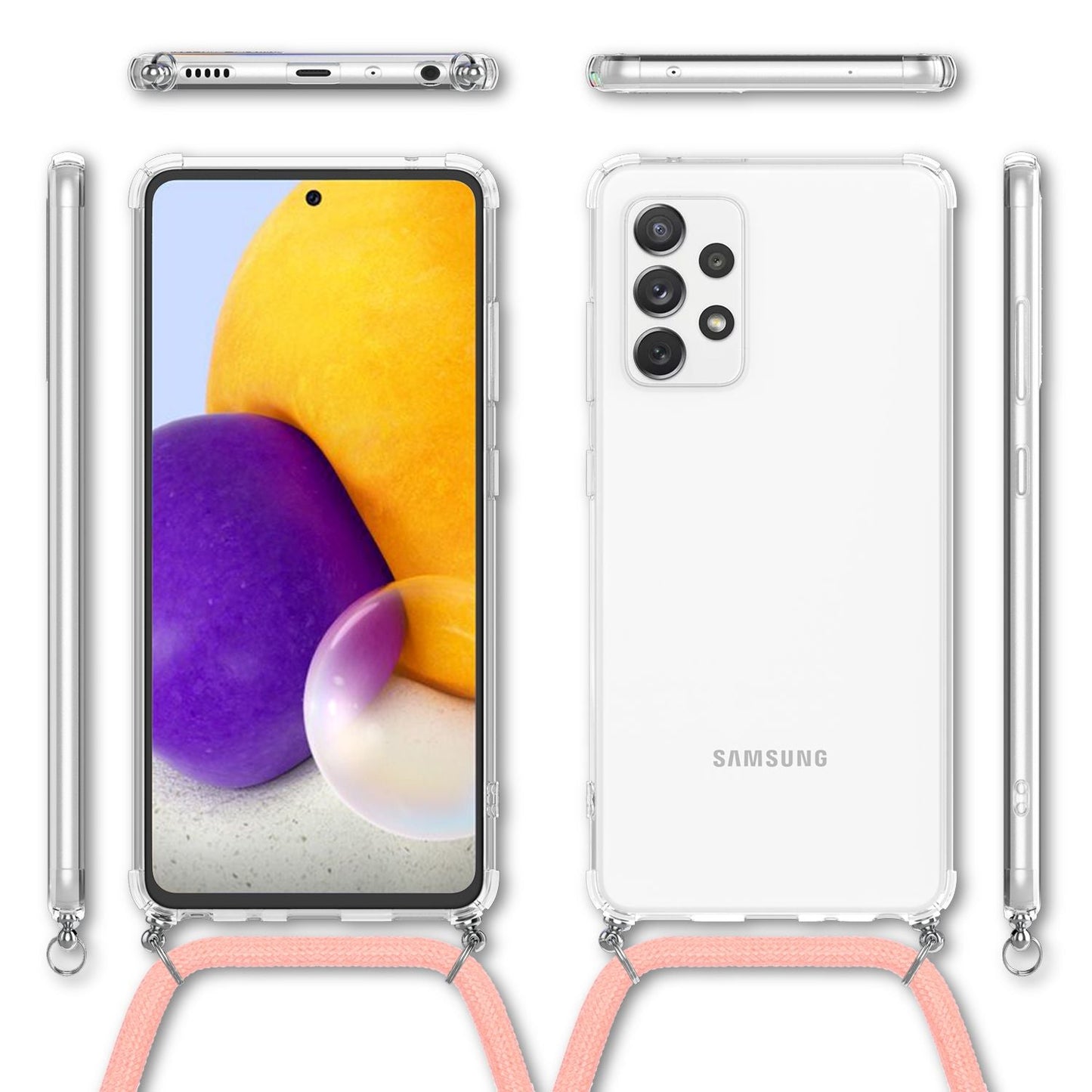 NALIA Handykette für Samsung Galaxy A72 – Transparentes Hybrid-Case & Band – HANGIT (Anti-Gelb Rückseite & Verstellbar) – Marke aus Berlin