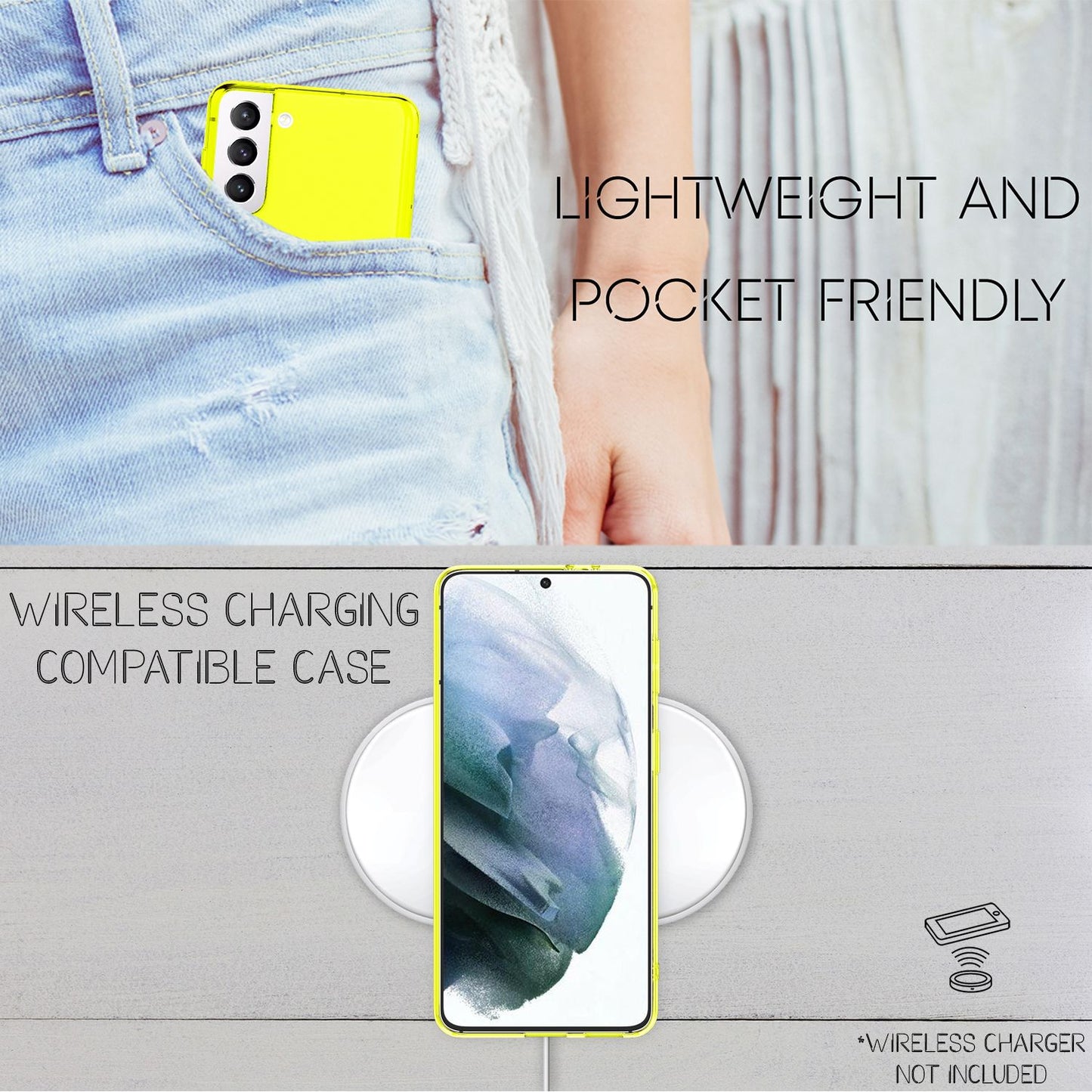 NALIA Neon Silikonhülle für Samsung Galaxy S21 – Knallige Signal-Farbe & Linsenschutz – VIBE (Transparentes Case) – Marke aus Berlin