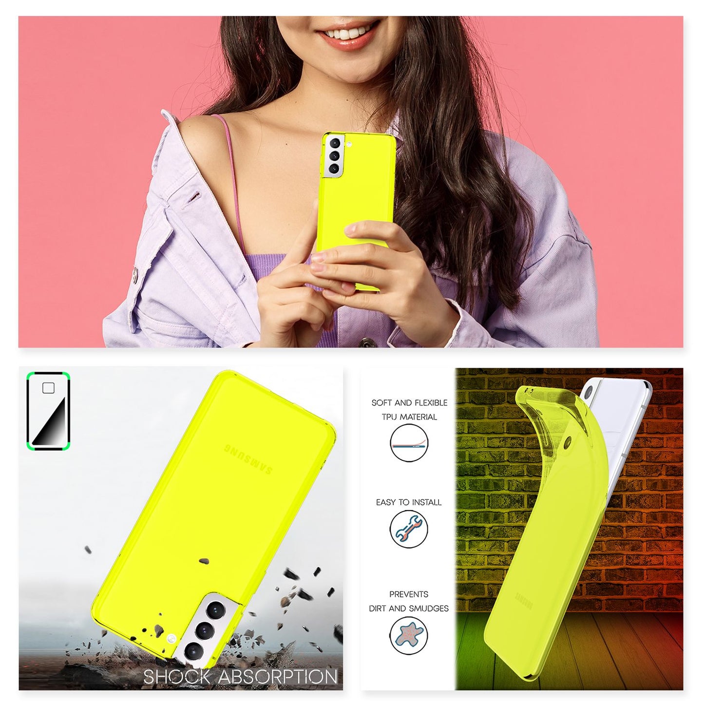 NALIA Neon Silikonhülle für Samsung Galaxy S21 Plus – Knallige Signal-Farbe & Linsenschutz – VIBE (Transparentes Case) – Marke aus Berlin