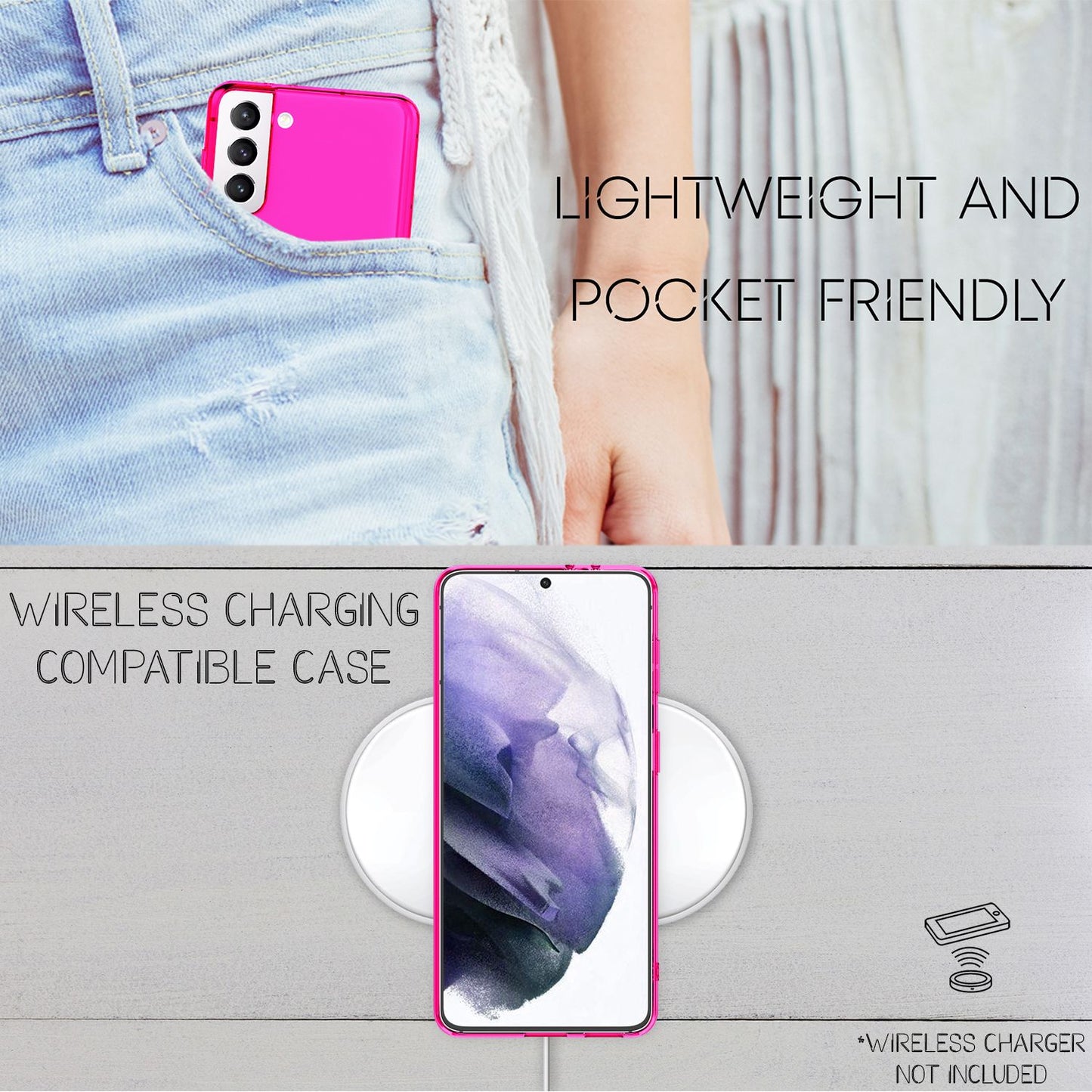 NALIA Neon Silikonhülle für Samsung Galaxy S21 Plus – Knallige Signal-Farbe & Linsenschutz – VIBE (Transparentes Case) – Marke aus Berlin