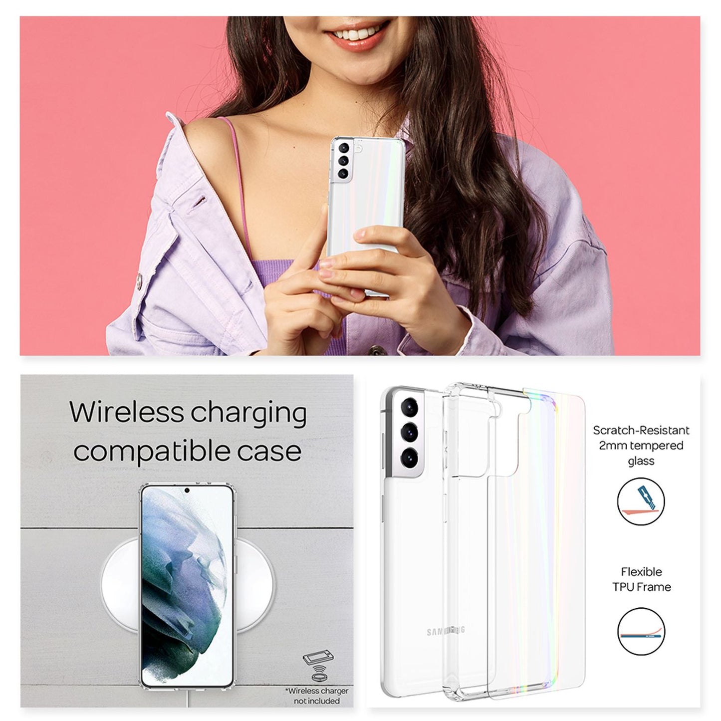NALIA Transparente Glashülle für Samsung Galaxy S21 – Holografischer Prisma-Effekt (Regenbogen Schimmer) – 9H Hartglas & Anti-Gelb – AURORA – Marke aus Berlin