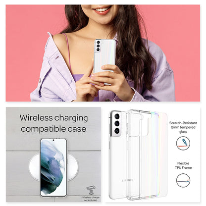 NALIA Transparente Glashülle für Samsung Galaxy S21 – Holografischer Prisma-Effekt (Regenbogen Schimmer) – 9H Hartglas & Anti-Gelb – AURORA – Marke aus Berlin