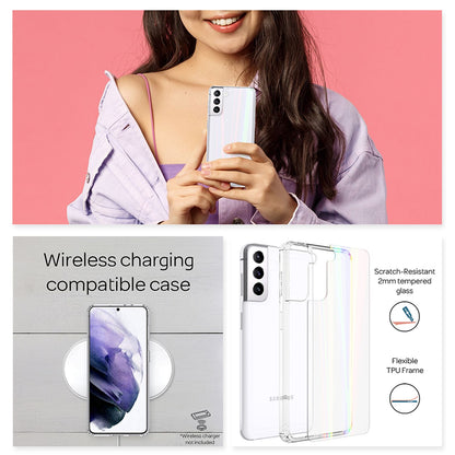 NALIA Transparente Glashülle für Samsung Galaxy S21 Plus – Holografischer Prisma-Effekt (Regenbogen Schimmer) – 9H Hartglas & Anti-Gelb – AURORA – Marke aus Berlin