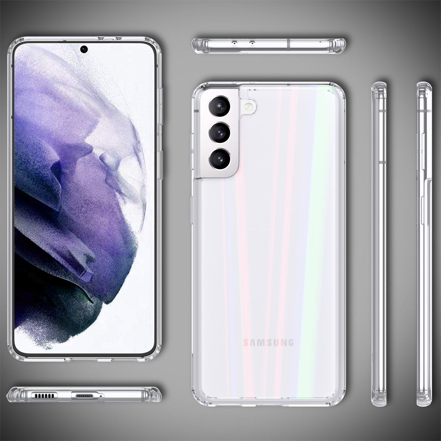 NALIA Transparente Glashülle für Samsung Galaxy S21 Plus – Holografischer Prisma-Effekt (Regenbogen Schimmer) – 9H Hartglas & Anti-Gelb – AURORA – Marke aus Berlin