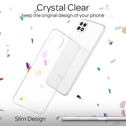 NALIA Transparente Silikonhülle für Samsung Galaxy A22 5G – Anti-Gelb & Rutschfest – GLAZE (Handyhülle Kristallklar, Schlank & Stoßfest) – Marke aus Berlin