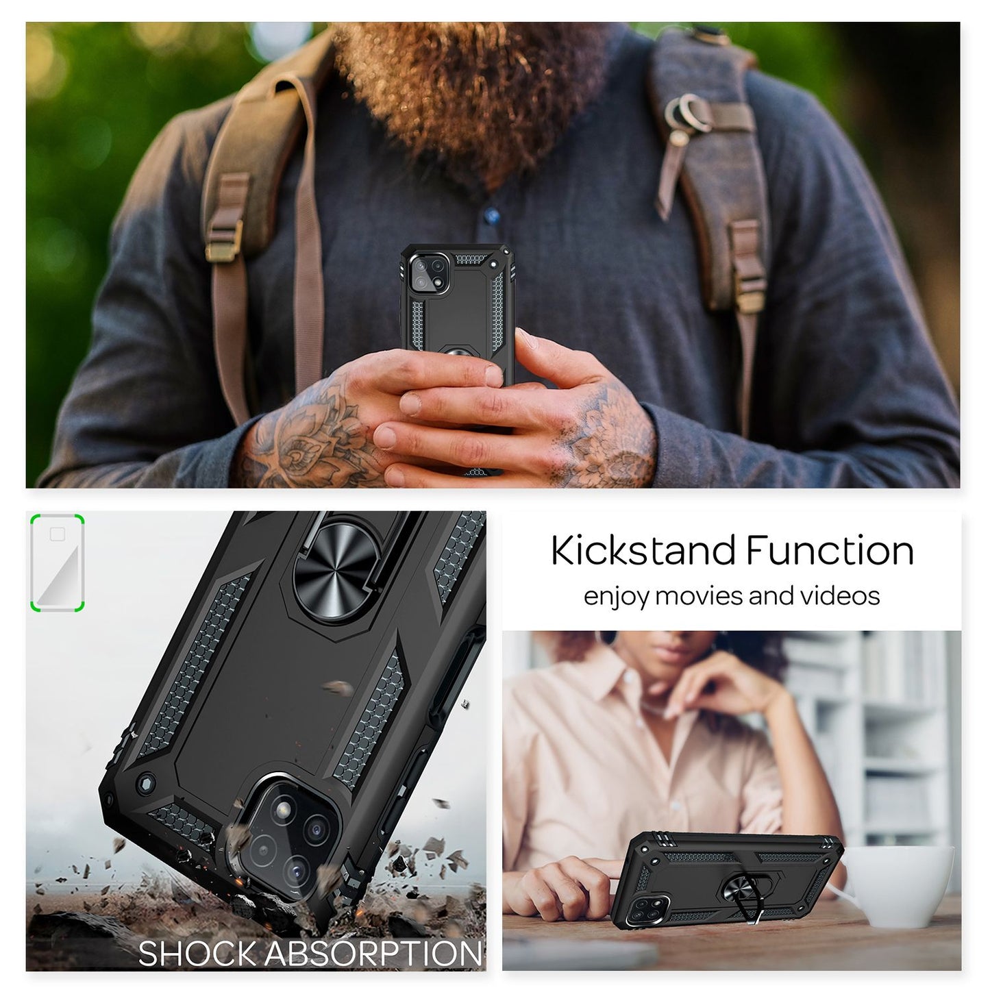 NALIA Panzerhülle für Samsung Galaxy A22 5G – Ring-Ständer 360° & Magnet-Halterung Kompatibel – RINGDEFEND (Stoßfestes Outdoor Case) – Marke aus Berlin