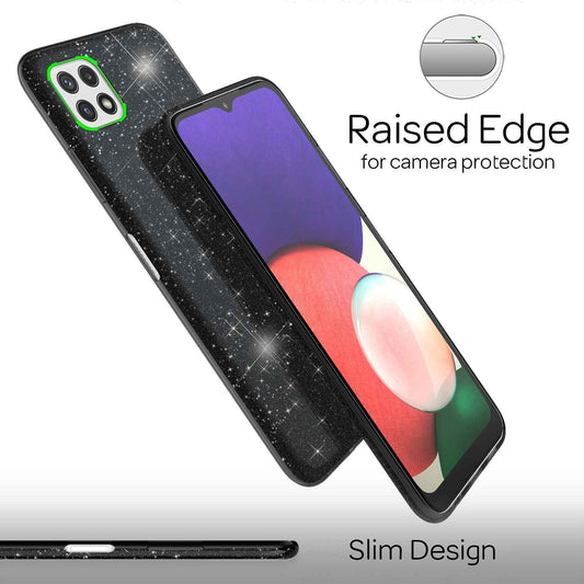 NALIA Glitzerhülle für Samsung Galaxy A22 5G – Funkelnder Glitzer-Look & Grip – SHINEPOP (Silikon Case) – Marke aus Berlin
