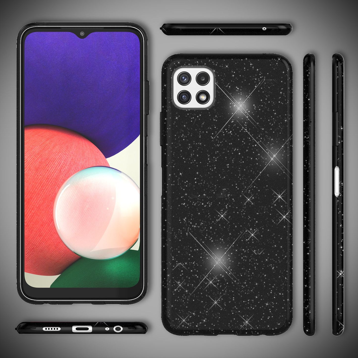 NALIA Glitzerhülle für Samsung Galaxy A22 5G – Funkelnder Glitzer-Look & Grip – SHINEPOP (Silikon Case) – Marke aus Berlin