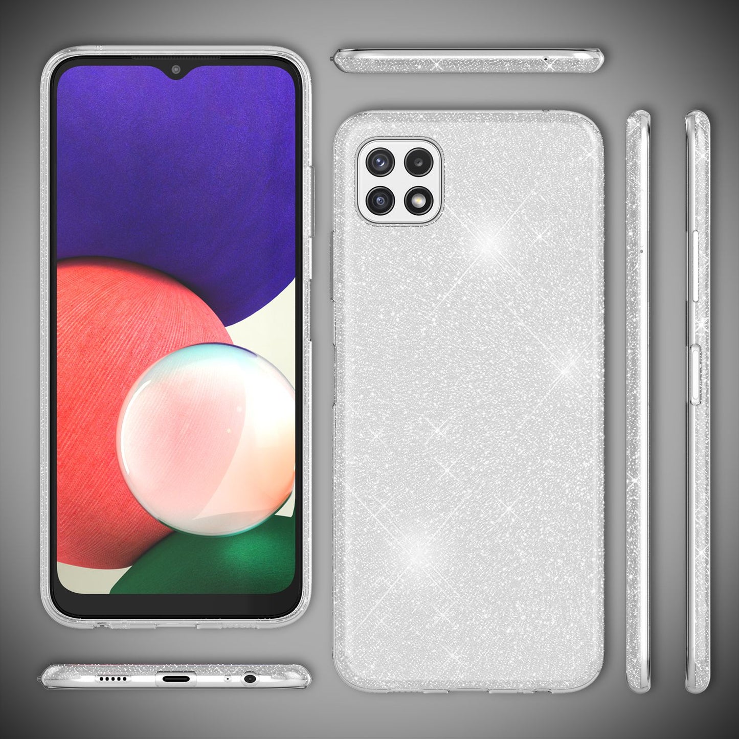 NALIA Glitzerhülle für Samsung Galaxy A22 5G – Funkelnder Glitzer-Look & Grip – SHINEPOP (Silikon Case) – Marke aus Berlin