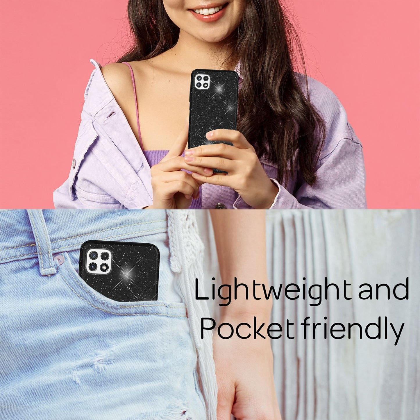 NALIA Glitzerhülle für Samsung Galaxy A22 5G – Funkelnder Glitzer-Look & Grip – SHINEPOP (Silikon Case) – Marke aus Berlin