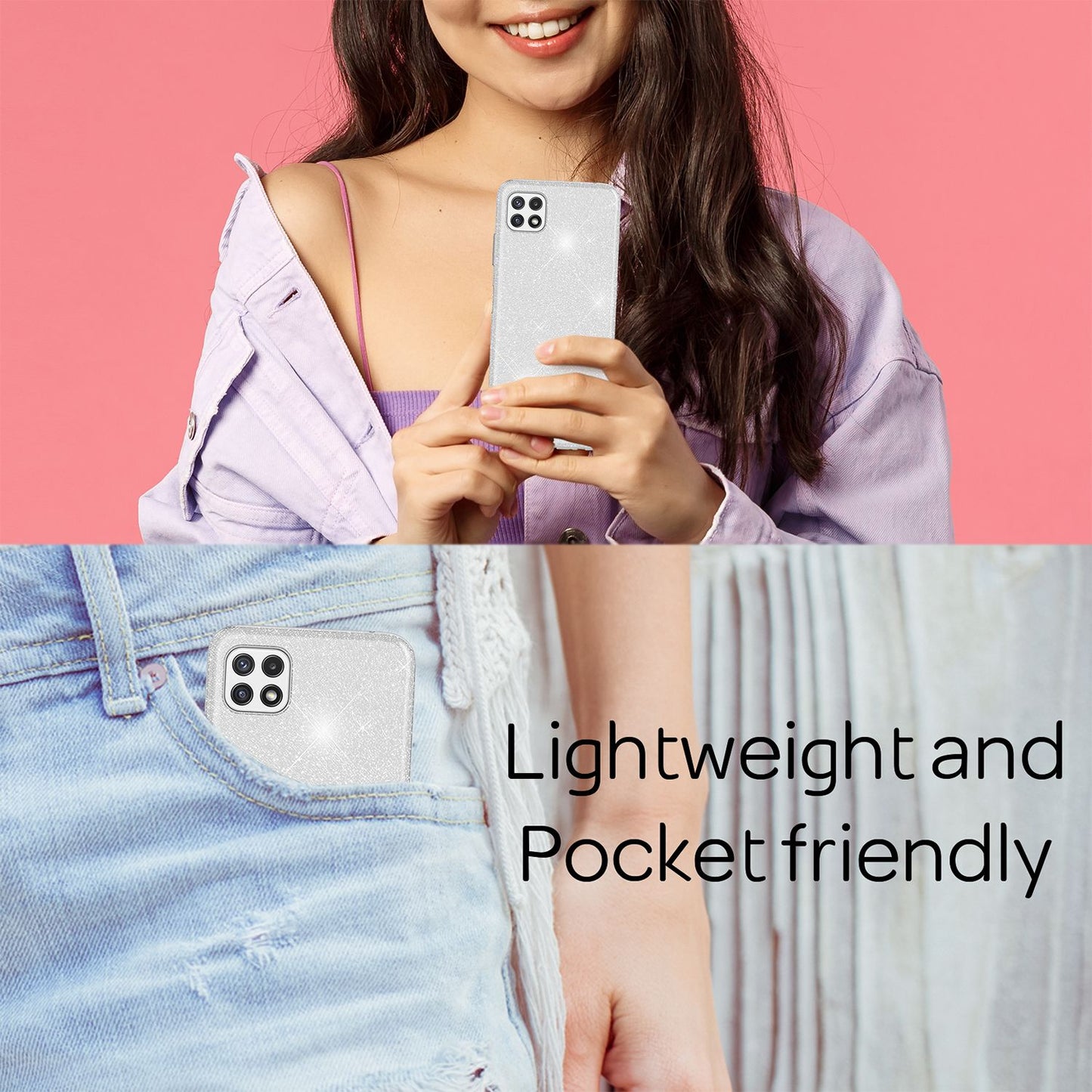 NALIA Glitzerhülle für Samsung Galaxy A22 5G – Funkelnder Glitzer-Look & Grip – SHINEPOP (Silikon Case) – Marke aus Berlin